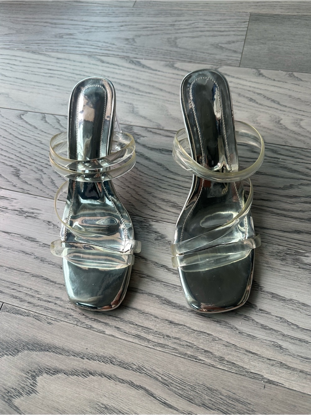Clear Strap Metallic Heeled Sandals - Women